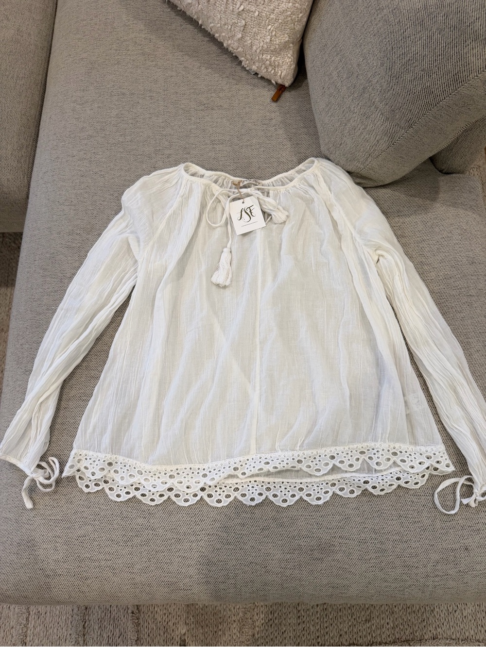 LoveShackFancy White Eyelet Hem Peasant Blouse